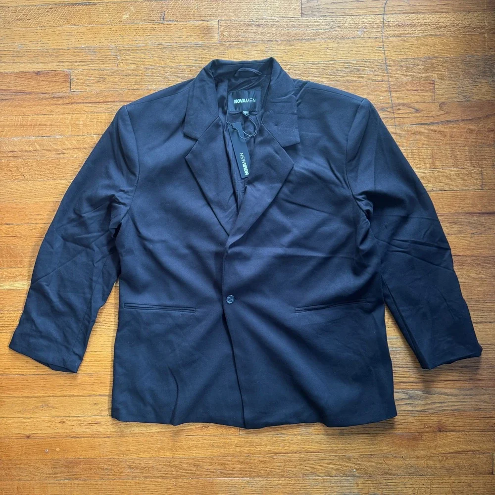 New NovaMen Mens Black Single Button Blazer Jacket Size Large‎ NWT Oversized
